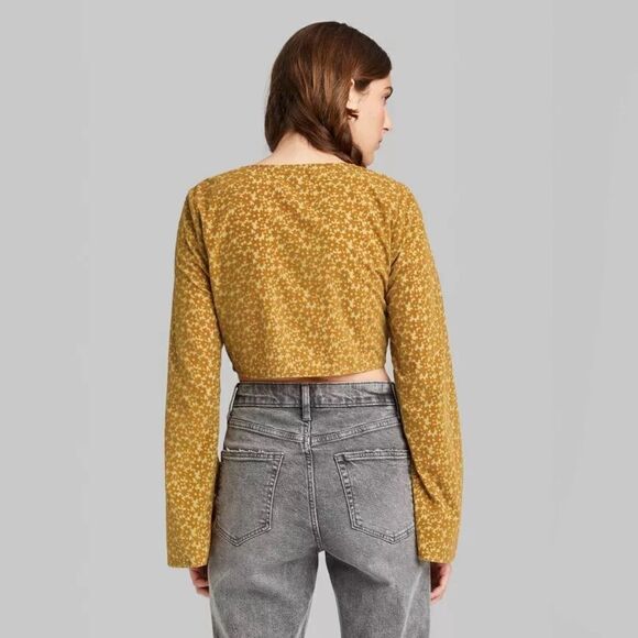 2/$30 Wild Fable Bell Long Sleeve Tie-Front Blouse Mustard Yellow Floral - Picture 3 of 11